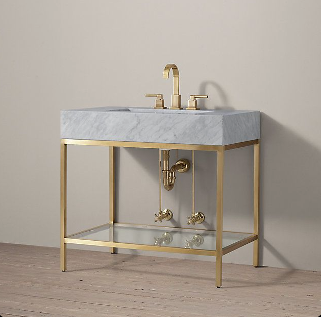 MILANO-Modern Exposed Console brushed gold steel with Carrera Marble vanity