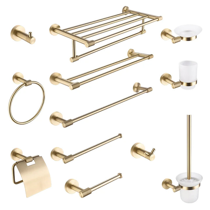 Brushed Gold Robe Hook Towel Rail Bar Rack Toilet Brush Tissue Paper Holder Soap Dish Shelf