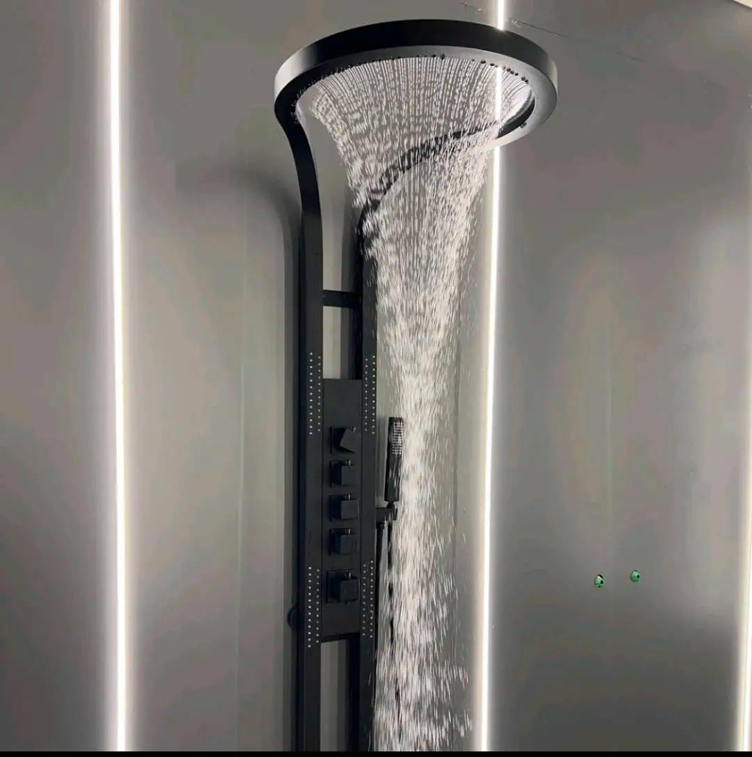 Waterfall Black Brass  Wall Mounted Multifunction Bathroom Waterfall Rainfall Shower Head Set System Panel