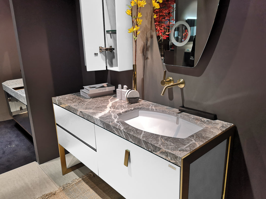 Bisoni-White matte bathroom brushed gold steel framed quarzt top completed vanity set 55