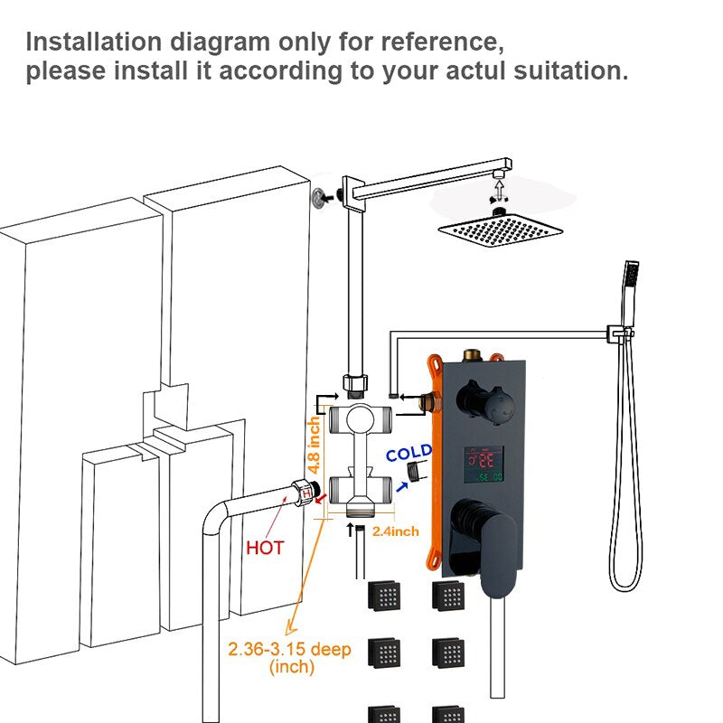 Black CSA- Digital Temperature Control Display 3 Way Mixer Valve Shower With 6 Body Sprayer Massage Jet Kit-CSA