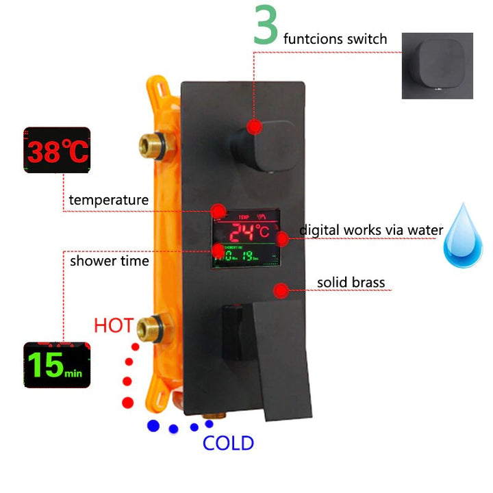 Matte Black Square 16"-12" Rain Head 3 LCD display temperature control way function diverter with hand spray and 6 body jets