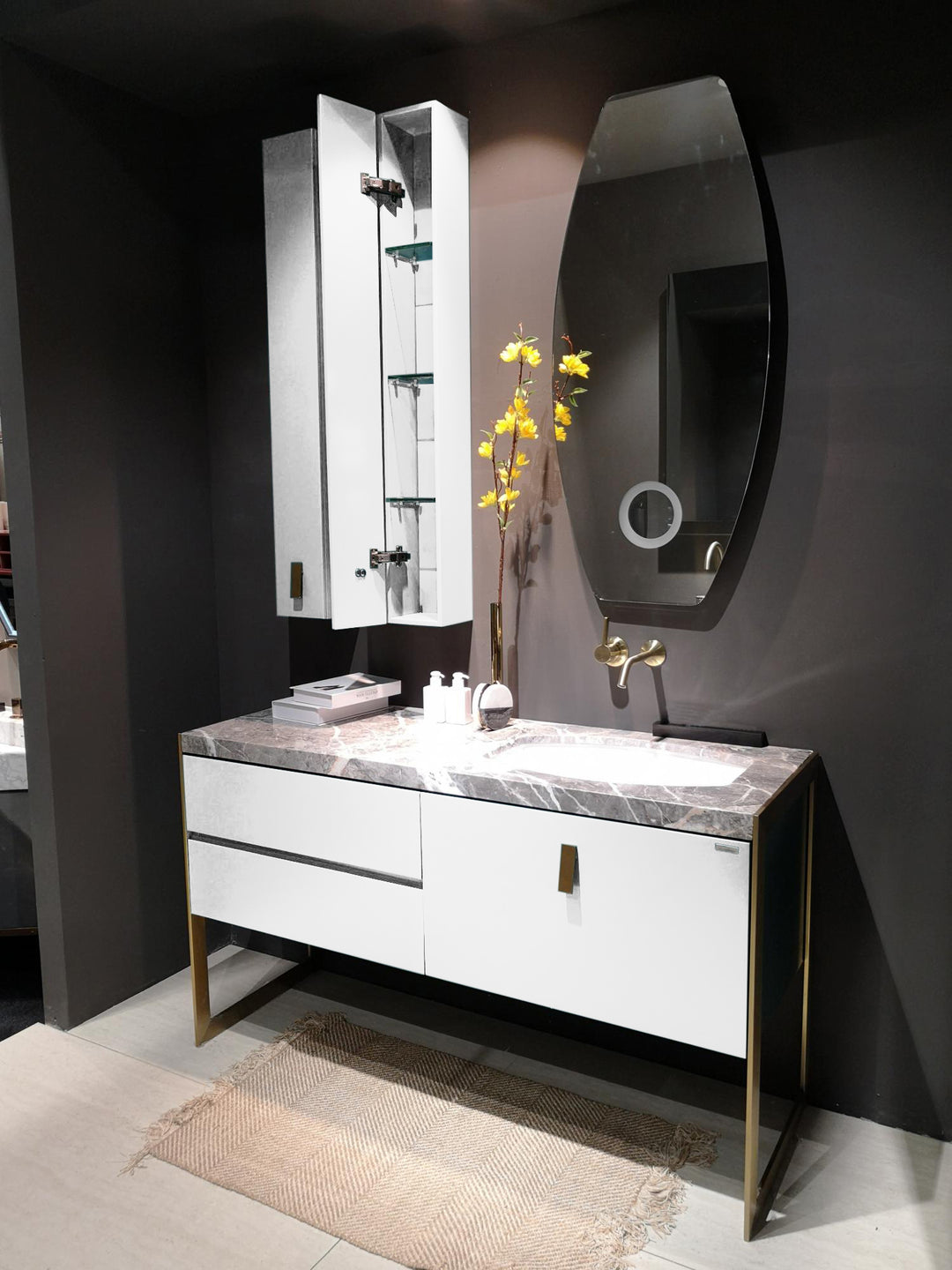 Bisoni-White matte bathroom brushed gold steel framed quarzt top completed vanity set 55