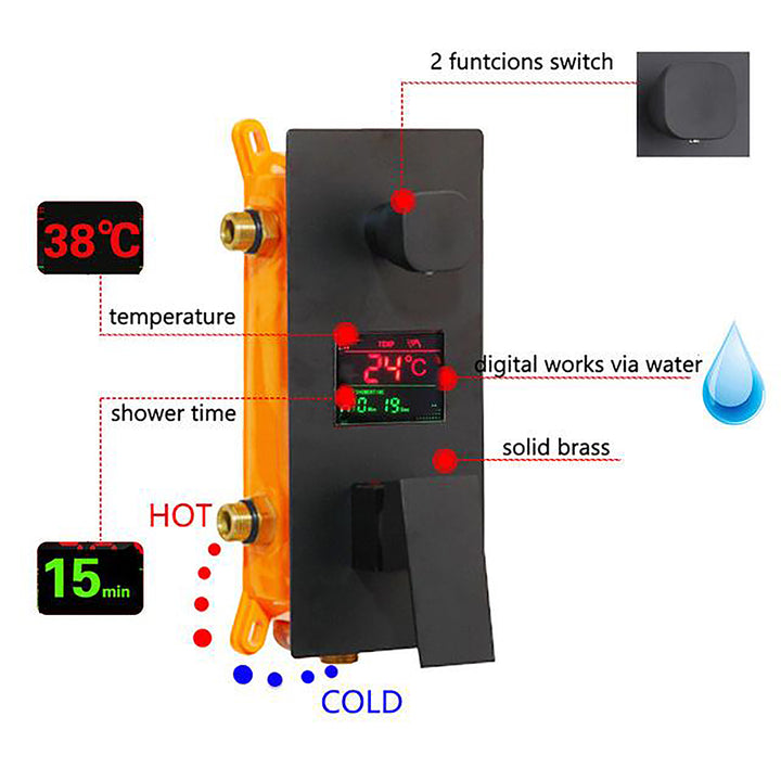 Black CSA- Digital Temperature Control Display 3 Way Mixer Valve Shower With 6 Body Sprayer Massage Jet Kit-CSA