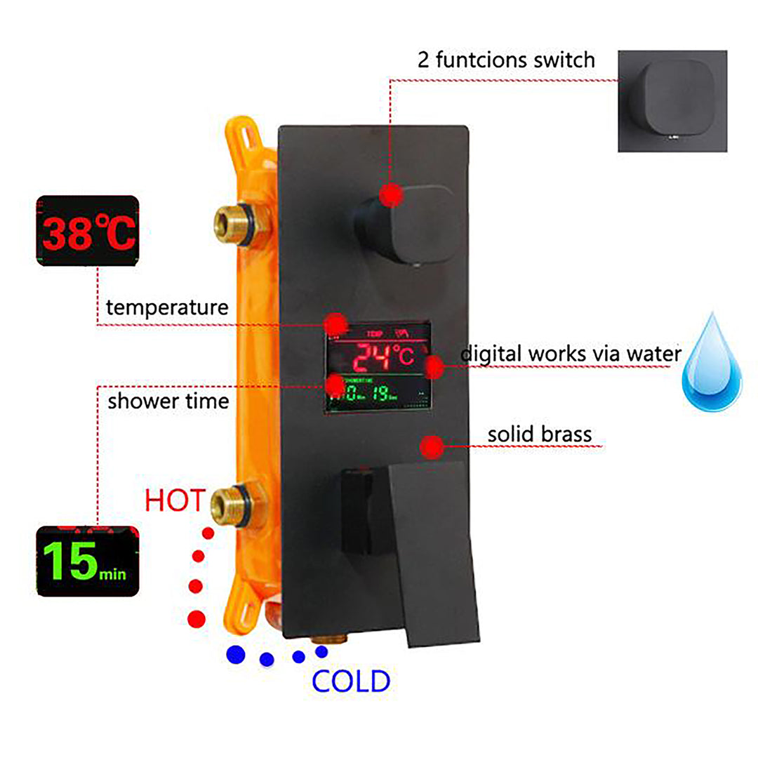 TOKYO-Black CSA  Square Ceiling Mount LED Temperature Thermostatic Control With 6 Body Jet Massage Sprayers Completed Shower Kit