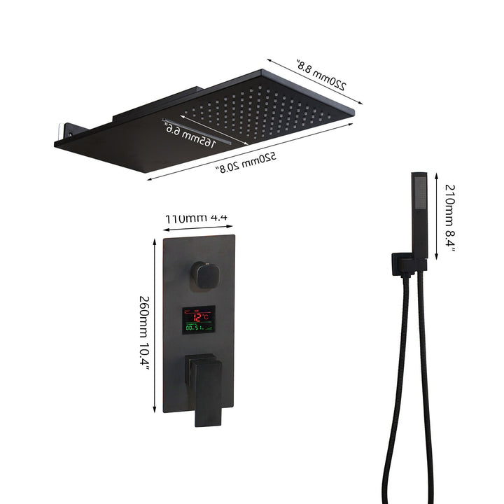 Matte Black Waterfall - Rain LCD Temperature Display 2 Way Pressure Balance Shower Kit