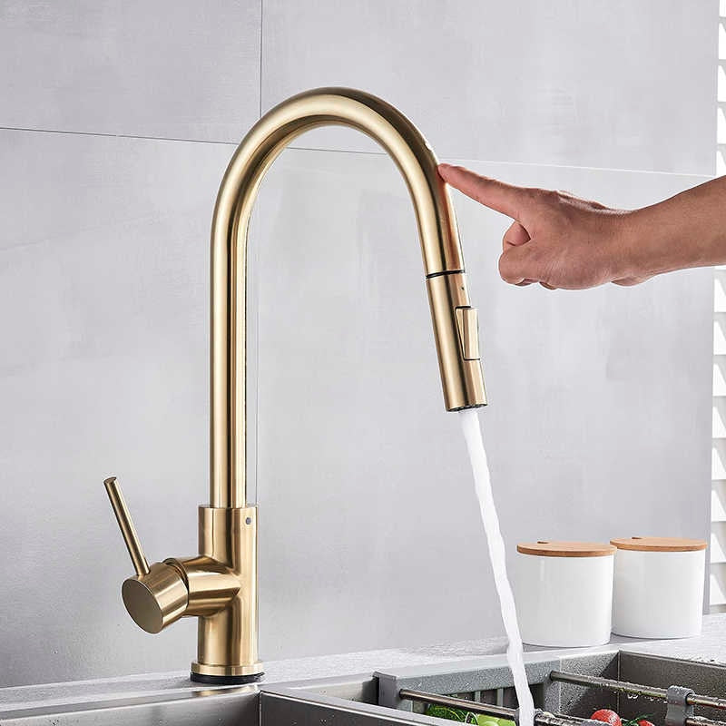 Brushed Gold Touchless Pull Out Dual Sprayer Kitchen Faucet – sanicanada