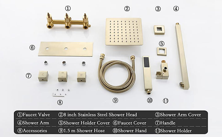 Brushed Gold Square Handles and 8 or 10 Inch Rain Head 2 Way Mixer Thermostatic Shower Kit