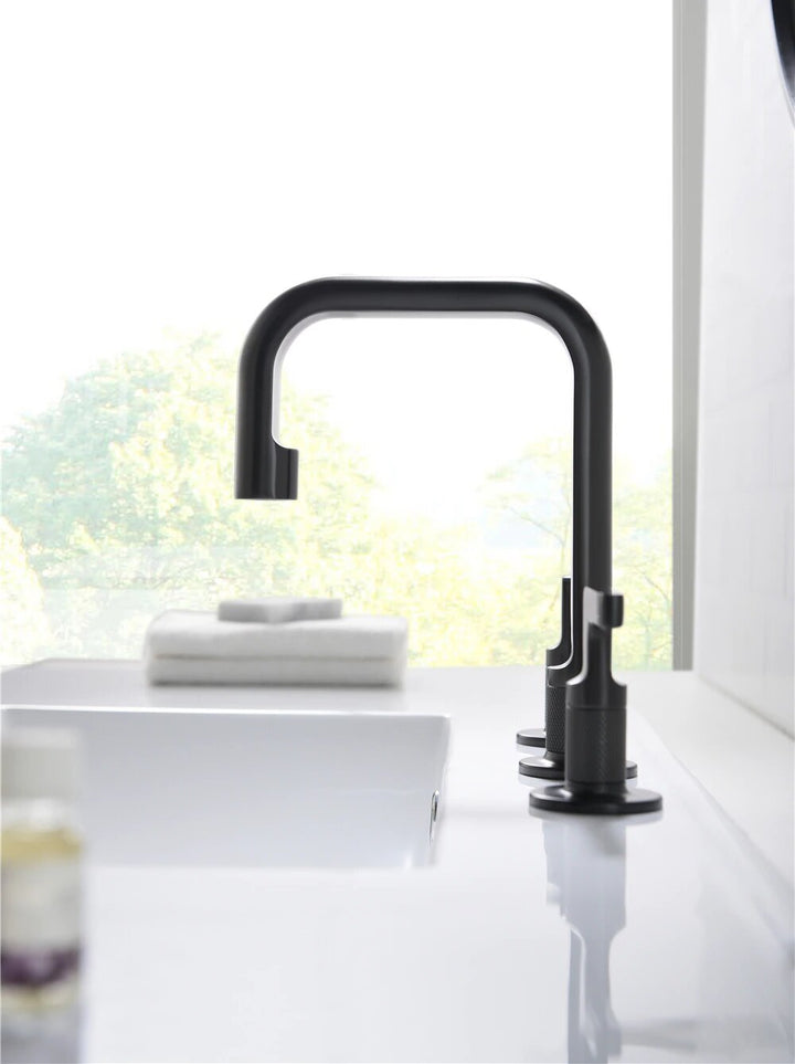 Brushed Gold - Grey Gun 8 inch wide spread faucet and deck mount tub filler