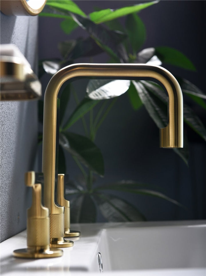 Brushed Gold - Grey Gun 8 inch wide spread faucet and deck mount tub filler