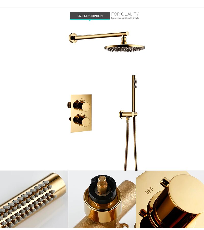 Gold Polished - Round Thermostatic 2 Way Diverter Shower Kit With Option  8-10-12--16 inch Rain Head