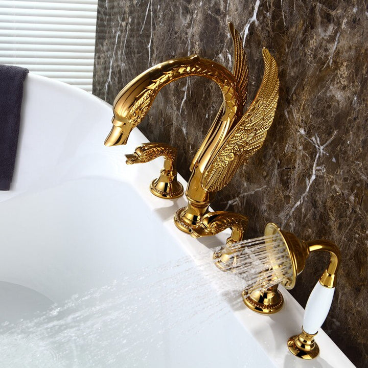 Swan Gold polished pvd platted 5 pieces deck mount bathtub filler faucet kit