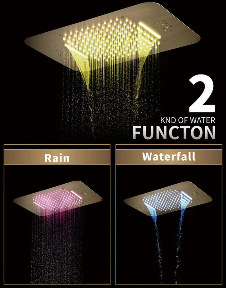 Brushed Gold Spa LED Ceiling Mount Flush  LED 23" X 15"  Waterfall,Mist 5 Way functions shower system