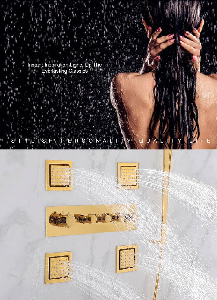 Gold polished - Waterfall- Rain Head Shower Thermostatic 4 Way Complete System Set