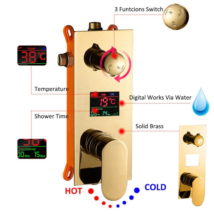 Gold polished led power 3 way function diverter control with 6 body jets shower kit