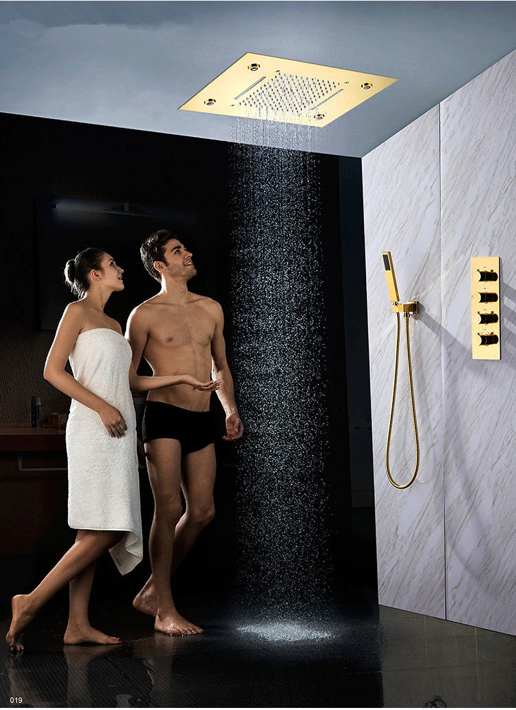 Gold Polished Ceiling Flushmount LED-Waterfall Raind Head Size  20"X 14"  or 4 Way Mixer Valve Thermostatic Shower Kit