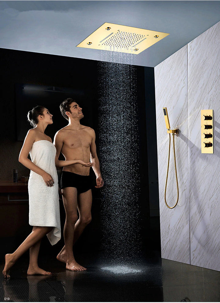 Gold Polished Ceiling Flushmount LED-Waterfall Raind Head Size  20"X 14"  or 4 Way Mixer Valve Thermostatic Shower Kit