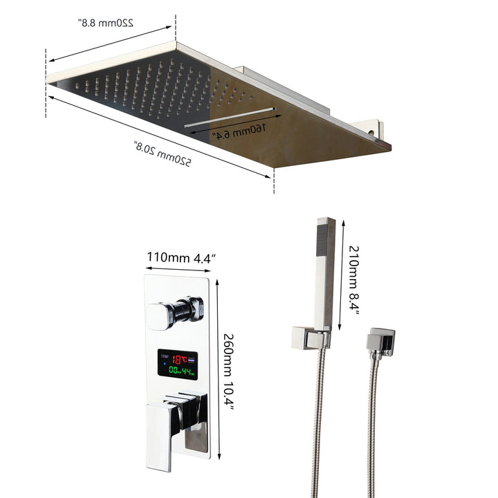 Chrome Finished Waterfall Rain 2 Way Mixer Shower LCD Temperature Control Display Shower Kit