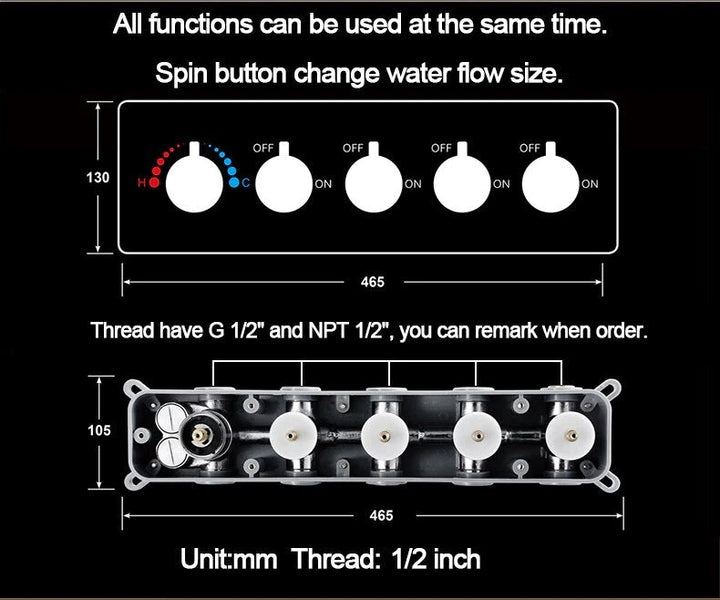 Brushed Gold Thermostatic Shower System Smart LED 23"x15" Ceiling Rain Shower Panel 5 function diverter, hand spray and 6 jet massage spray spa system set