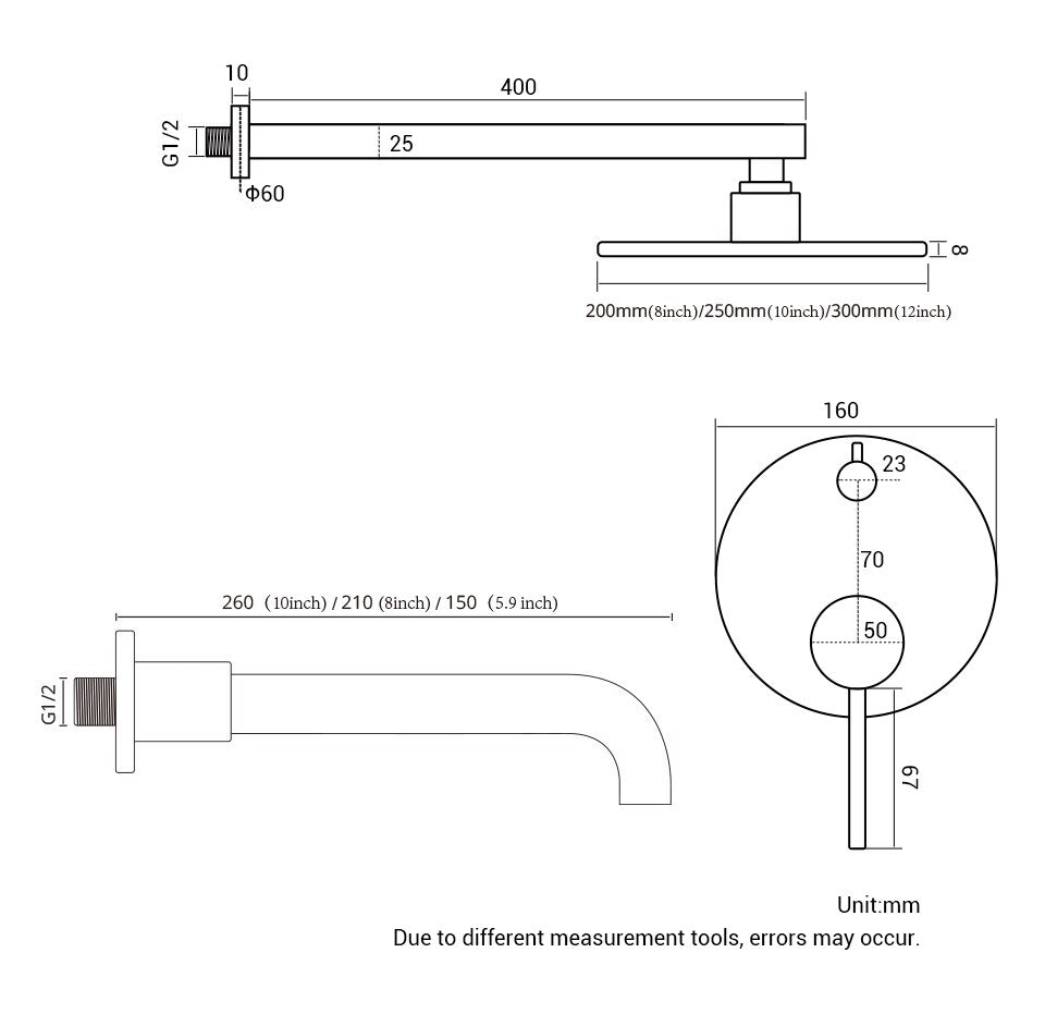 Brushed nickel 8-12 Inch Round rain head 2 and 3 way function shower kit