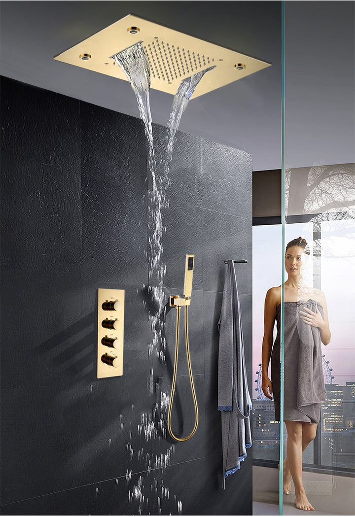 Gold Polished Ceiling Flushmount LED-Waterfall Raind Head Size  20"X 14"  or 4 Way Mixer Valve Thermostatic Shower Kit