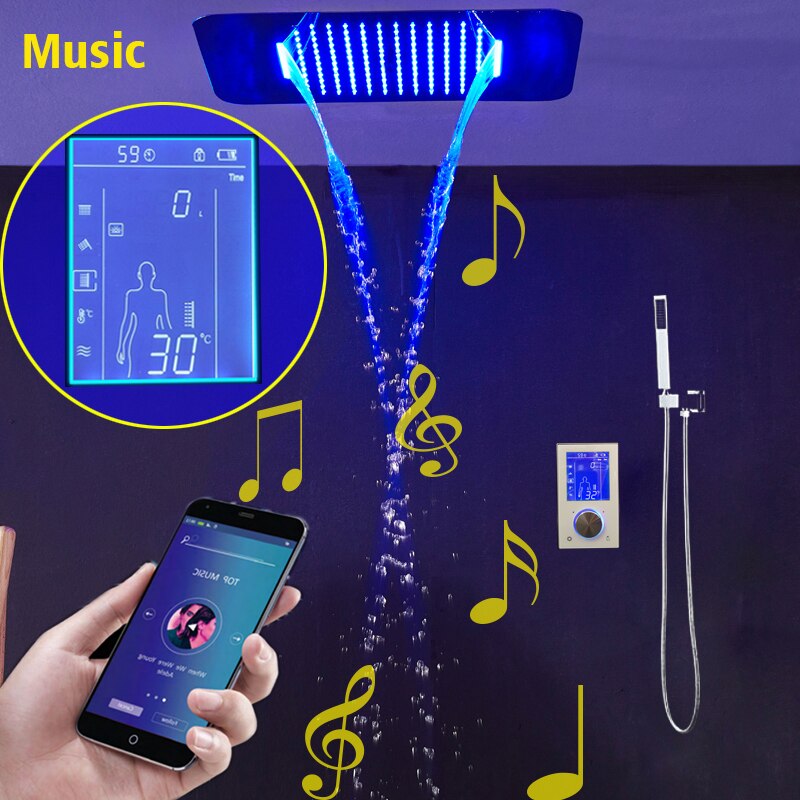 Chrome-Smart LED Touch Control Music Bluetooth with 23"x15" Ceiling Flushmount Spa Shower System Kit