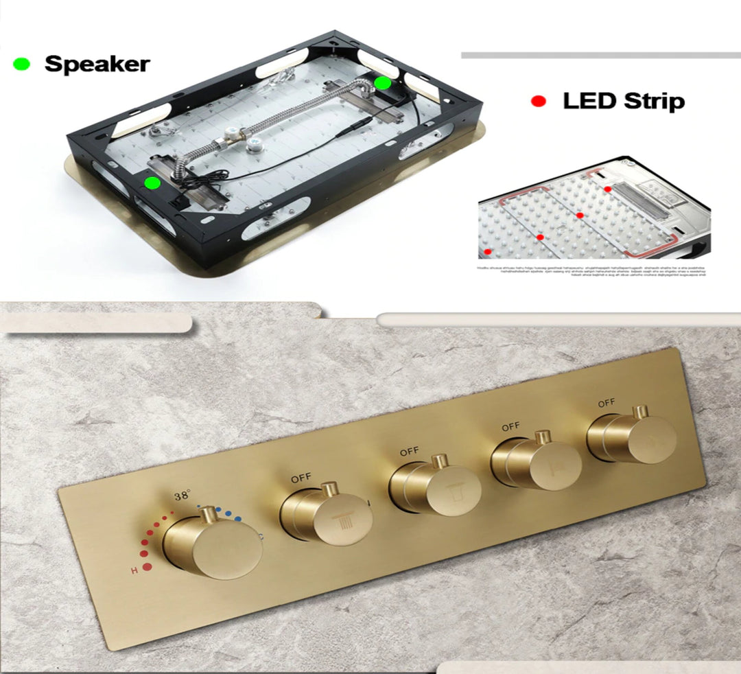 Brushed Gold Spa LED Ceiling Mount Flush  LED 23" X 15"  Waterfall,Mist 5 Way functions shower system