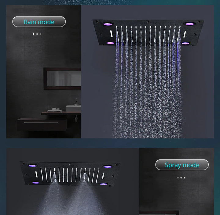 24"x24" Black matte Spa smart Bluetooth music shower ceiling flushmounted Ceiling  LED 5 way function shower system