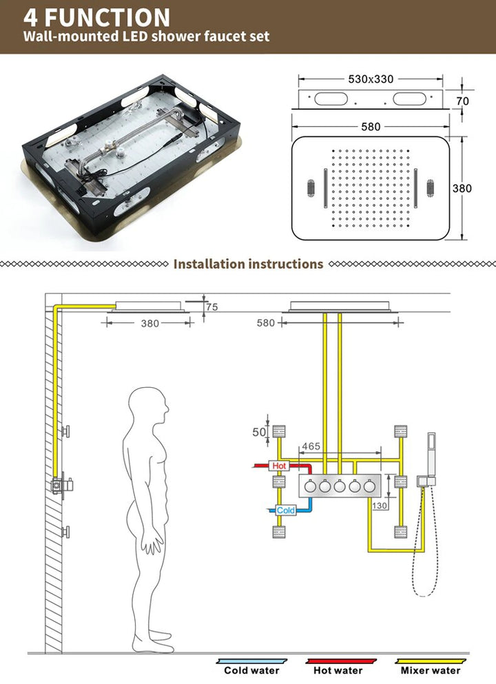 Brushed Gold Spa LED Ceiling Mount Flush  LED 23" X 15"  Waterfall,Mist 5 Way functions shower system