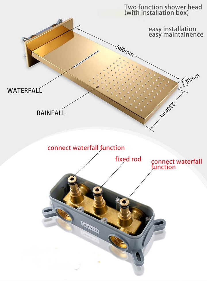 Gold polished - Waterfall- Rain Head Shower Thermostatic 4 Way Complete System Set