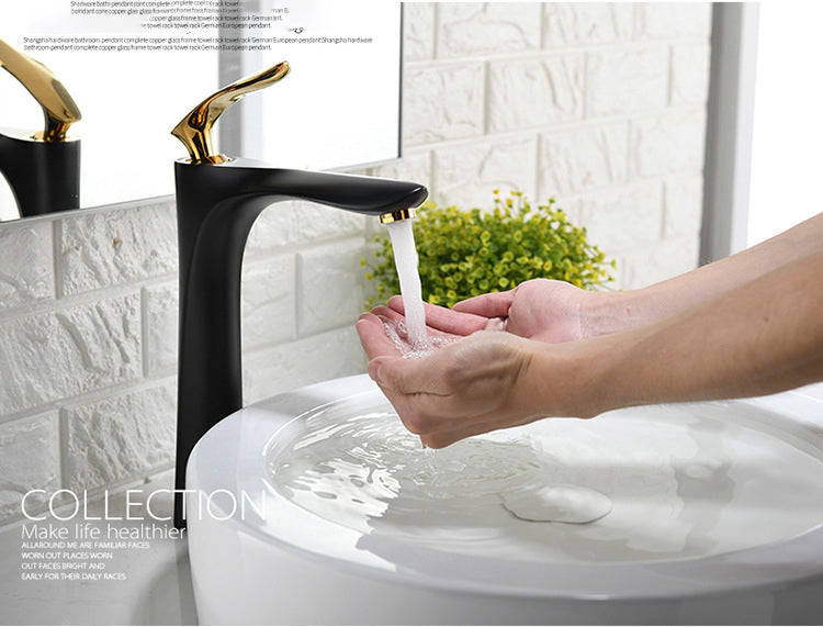 White with gold single hole bathroom faucet short and tall