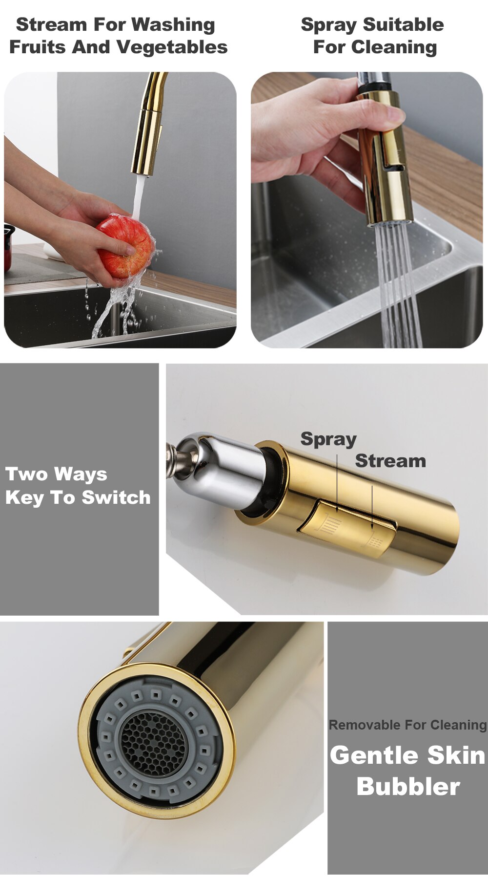 Amsterdam -Polished Rose Gold-White-Brushed Gold- Gold- Black Two Tone  Kitchen Faucet with pull out dual sprayer