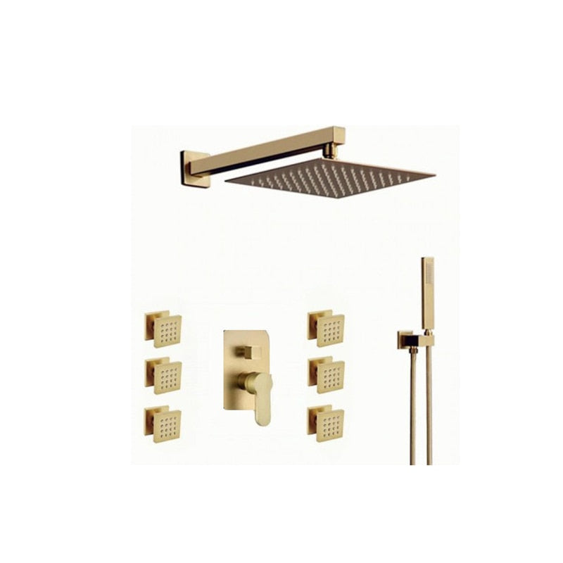 Brushed gold Square Rain head 3 way function hand spray and 6 body jets completed shower set