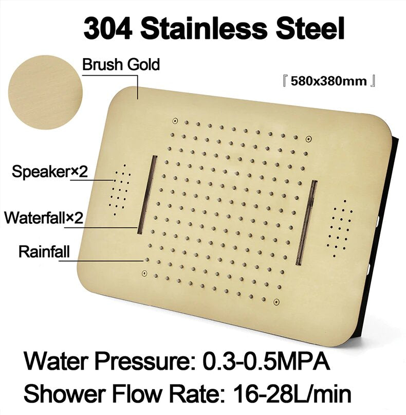 Brushed Gold Spa LED Ceiling Mount Flush  LED 23" X 15"  Waterfall,Mist 5 Way functions shower system