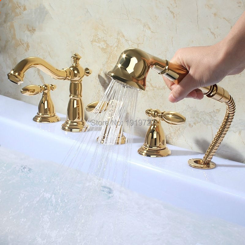 Gold Brass Polish Victoria Roman deckmount Bathtub Filler Faucet 5 holes