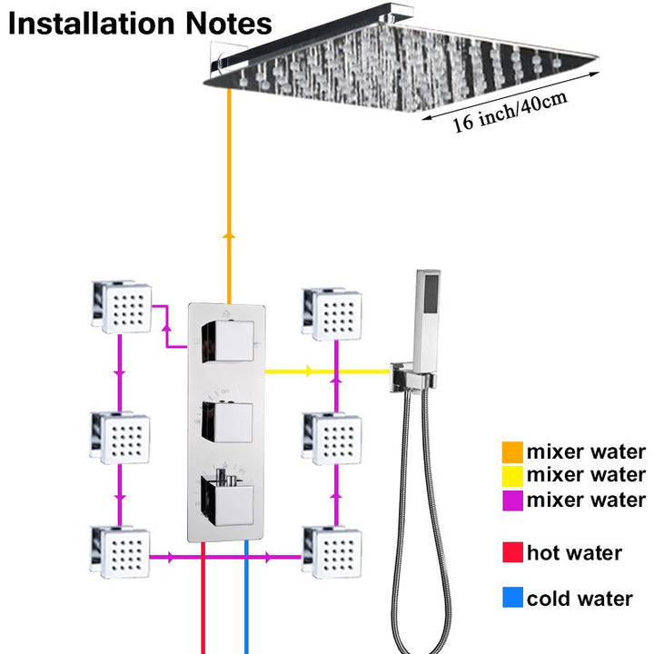 Chrome square rain head thermostatic 3 way function diverter shower kit