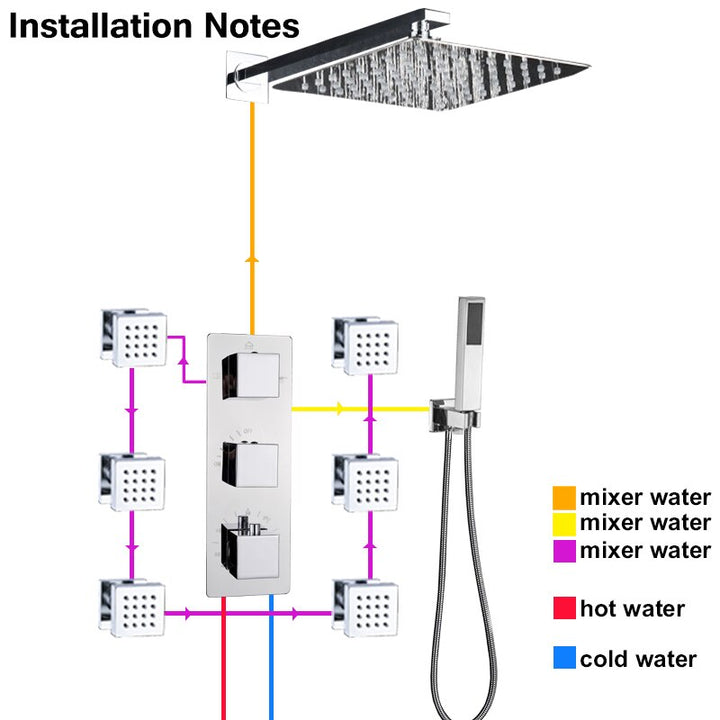 Chrome square rain head thermostatic 3 way function diverter shower kit