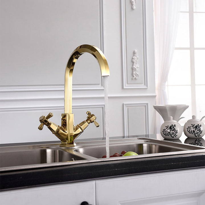 Gold Polished Cross Handle Bar Kitchen Faucet