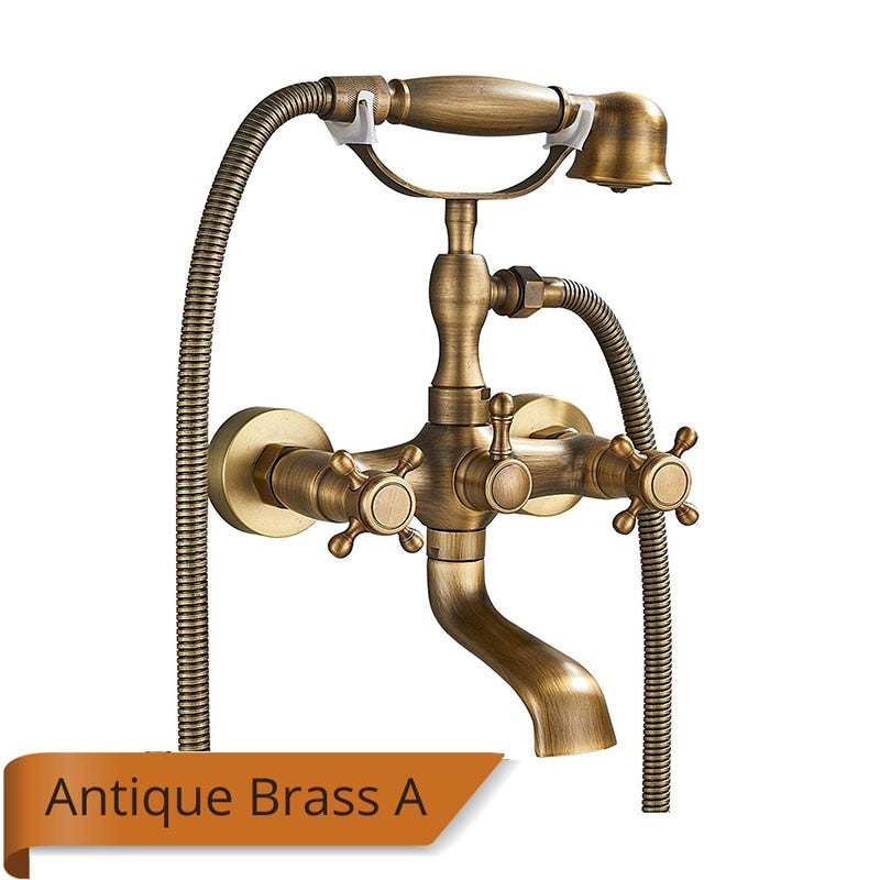 Victorian Antique Dual Cross Handles Knobs Wall Mounted Bathtub Filler faucet Mixer with Handshower Srt