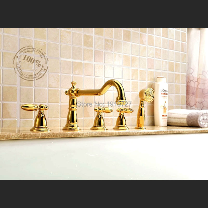 Gold Brass Polish Victoria Roman deckmount Bathtub Filler Faucet 5 holes