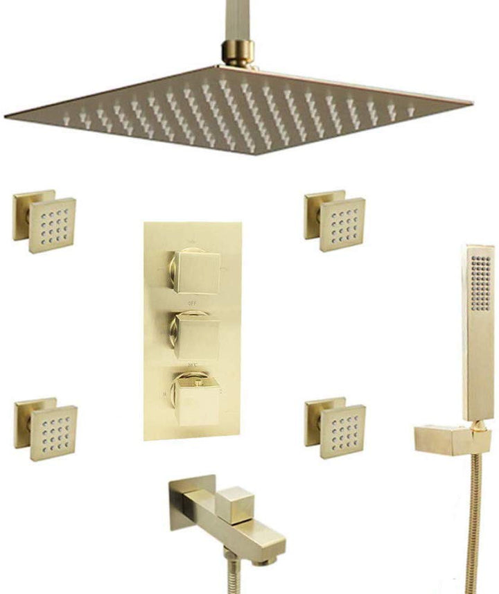 Brushed gold 12" Rain head 4 way function thermostatic shower spa system kit