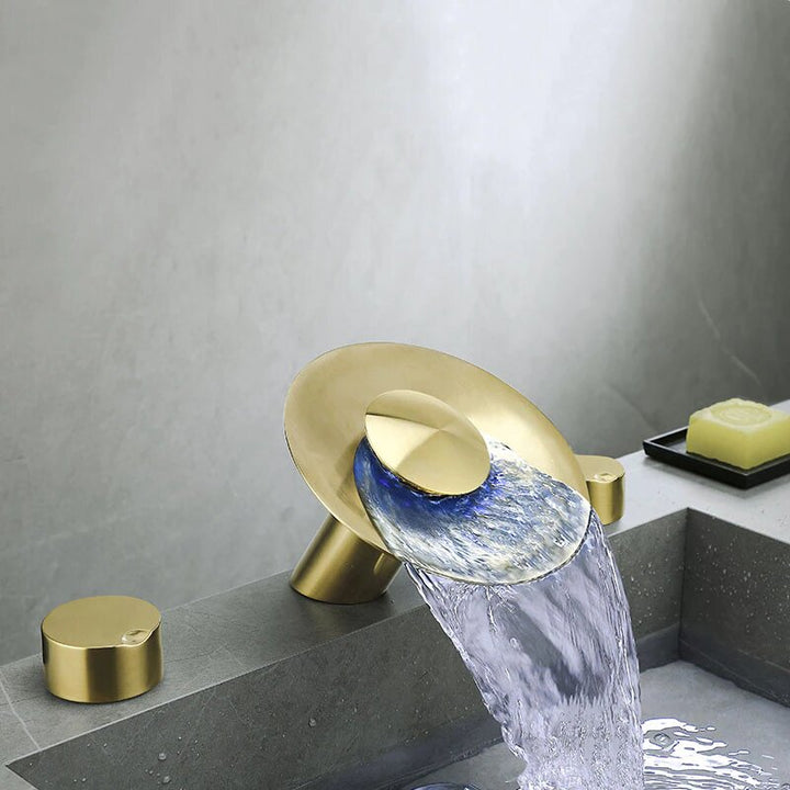 Brushed gold 8" inch wide spread waterfall bathroom faucet