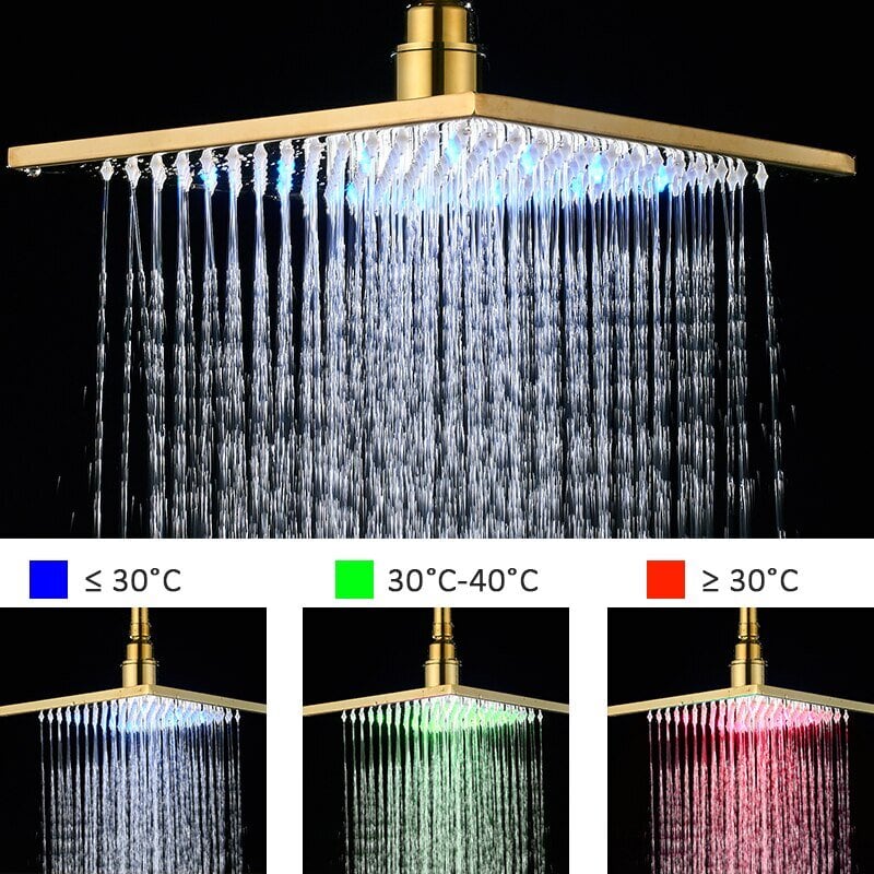 Gold polished led power 3 way function diverter control with 6 body jets shower kit