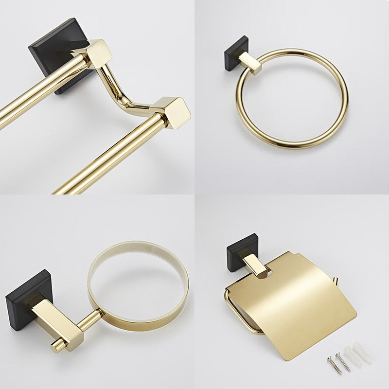 Black with gold polished bathroom accessories