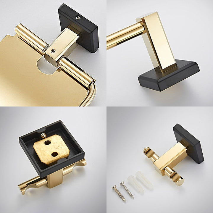 Black with gold polished bathroom accessories