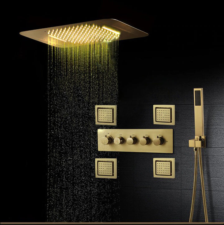 Brushed Gold Spa LED Ceiling Mount Flush  LED 23" X 15"  Waterfall,Mist 5 Way functions shower system