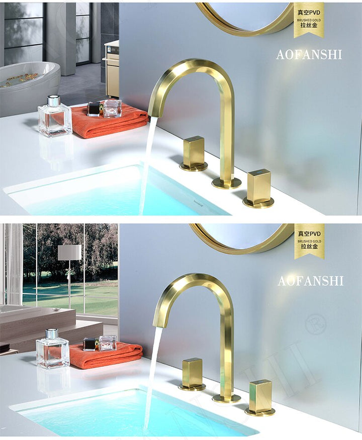 Brushed gold 8" inch wide spread bathroom faucet