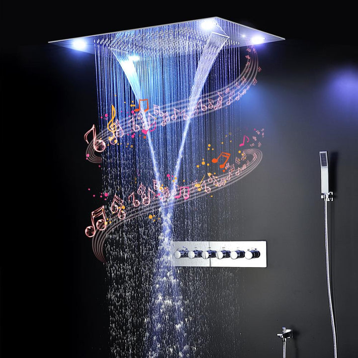 Chrome 23"x15" Ceiling Mount Rain Waterfall Bluetooth Music 5 Way Function Diverter LED Spa Shower System