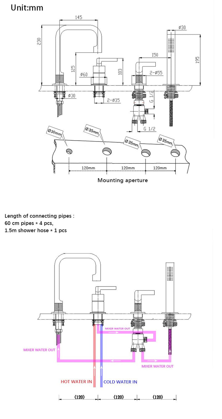 Milano-Grey gun deckmount bathtub filler faucet set 5 holes