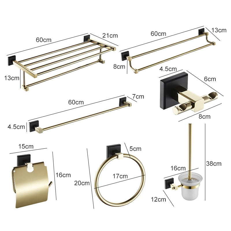 Black with gold polished bathroom accessories